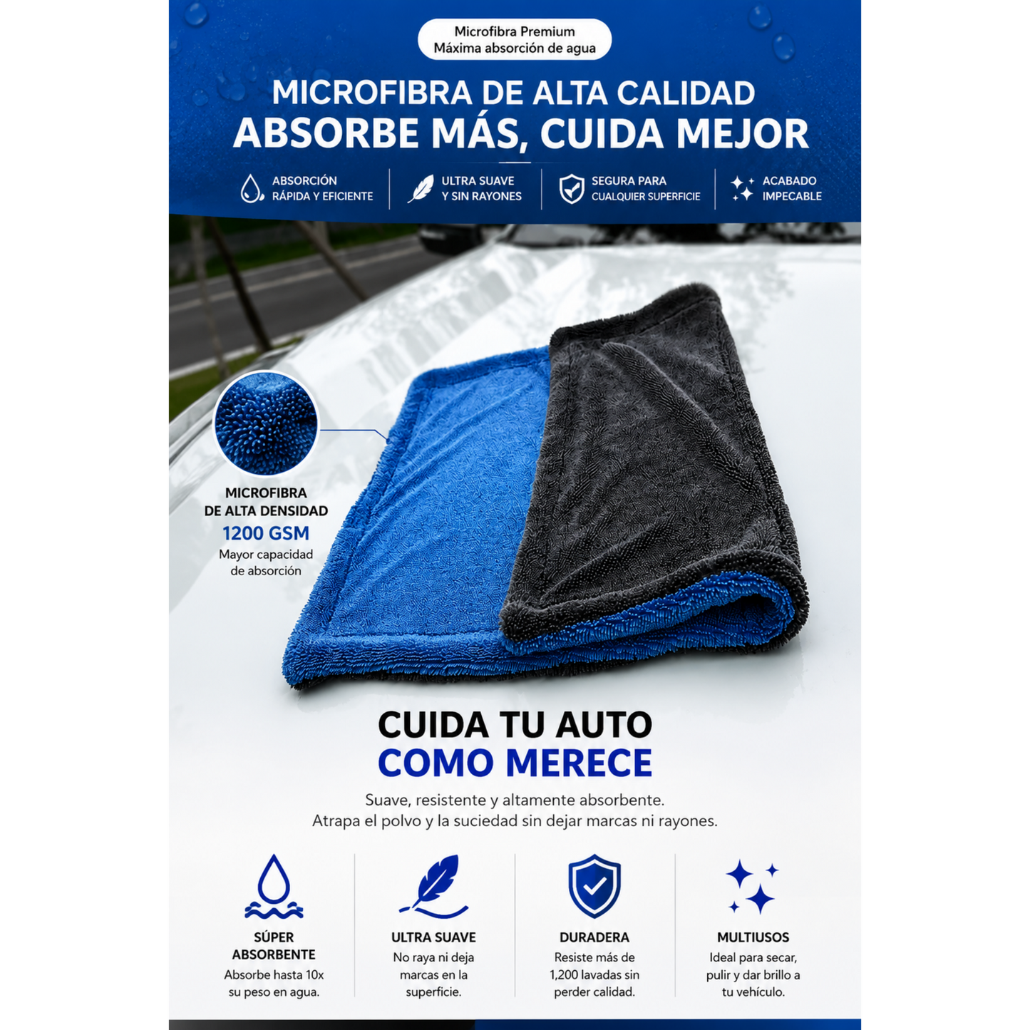 Toalla de Microfibra Premium para Auto 1200 GSM