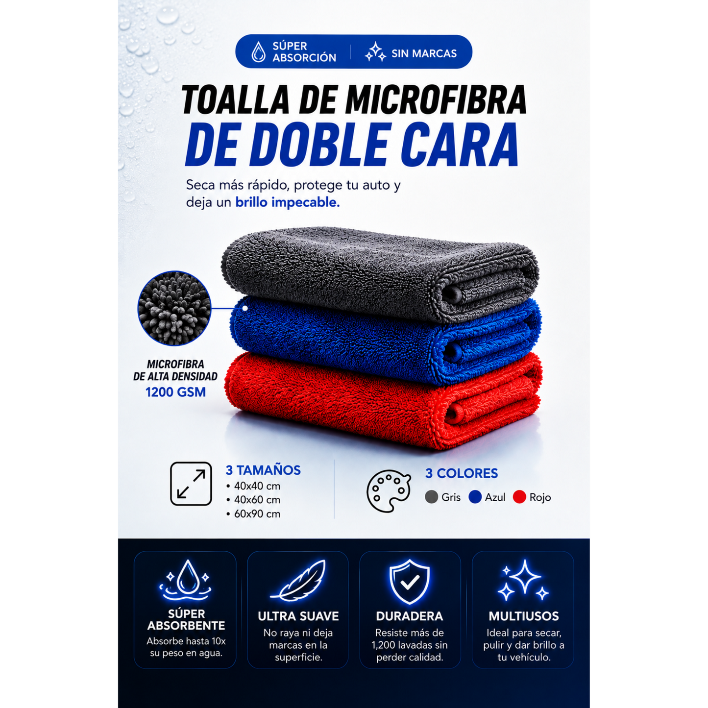 Toalla de Microfibra Premium para Auto 1200 GSM